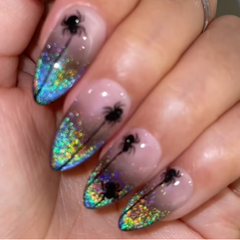 Holographic-ombre-cat-eye-fake-nails-black-spider-Halloween-press-on-nails