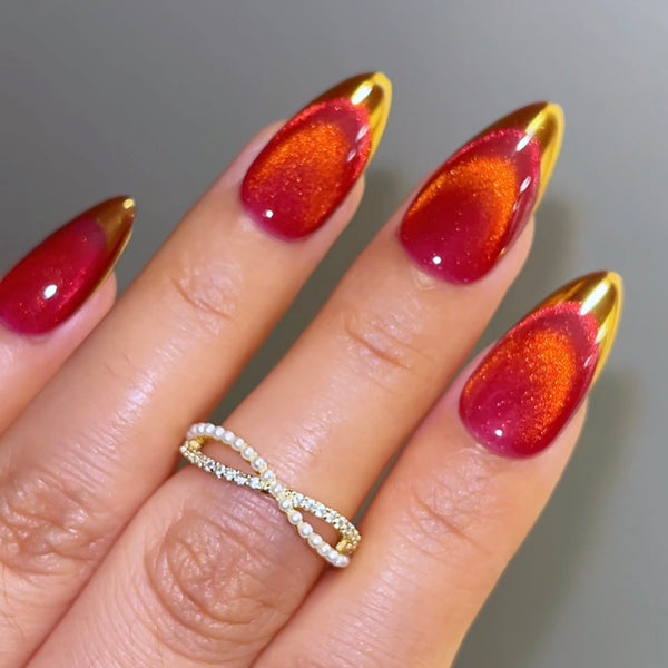 Holiday Red Magnetic Glitter Fake Nail Gold French Press On Nail Set M
