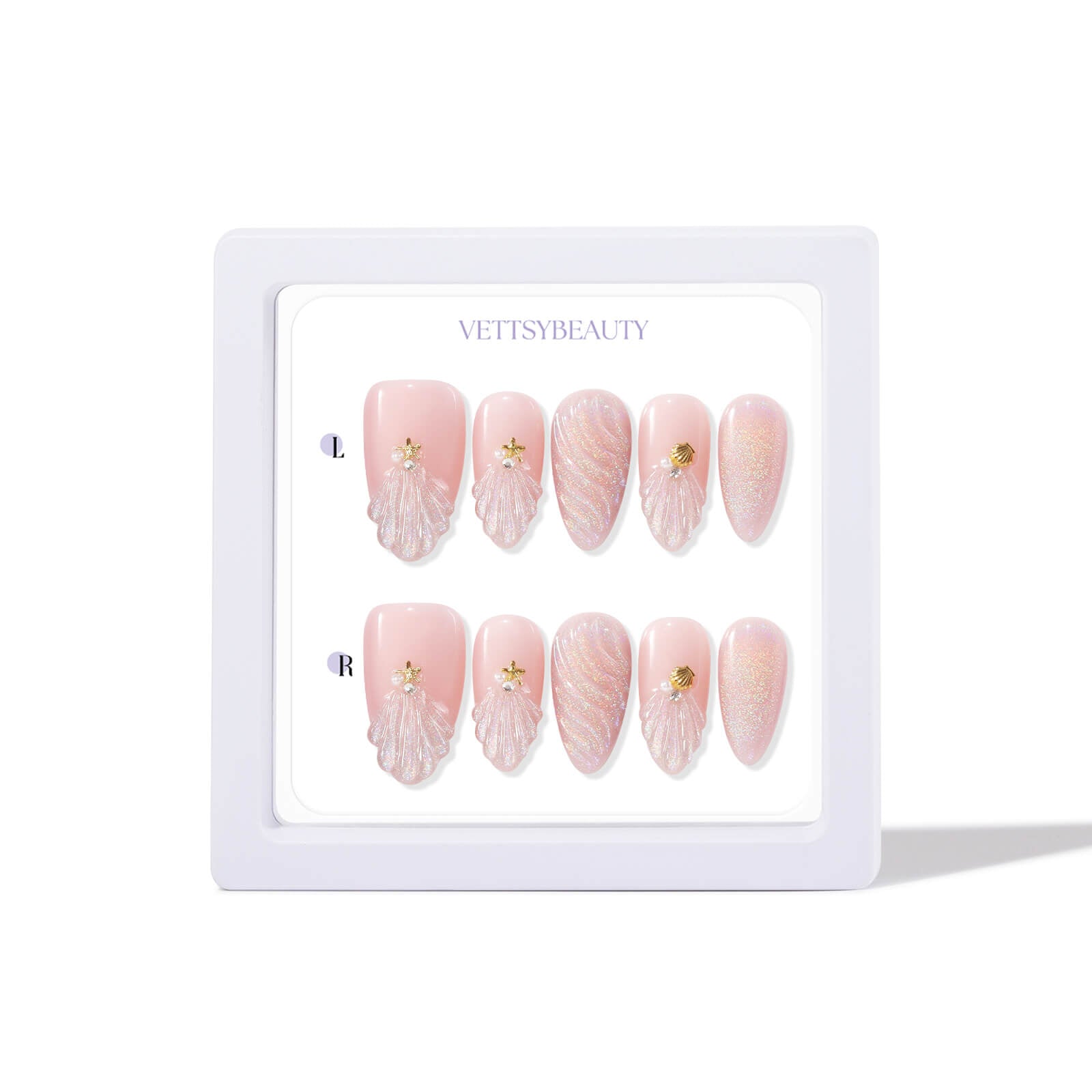 Medium Almond Holo Shell Fake Nails 3D Rainbow Cat Eye Press On Nails ...